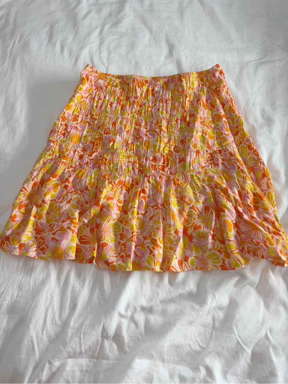 Women's Rhythm Feminine Floral Smocked Mini Skirt in Pink & Yellow Size 8 Boho